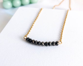 MIDNIGHT BLACK Womens Gold Stainless Steel Minimalist Necklace 4mm Glass Bead Row Pendant Waterproof Jewelry Gifts for her