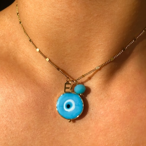 IOS LupusJewelryGR Big blue evil eye name letter pendant seashell necklace long 18k gold  everyday summer jewelry greek island inspired 2025
