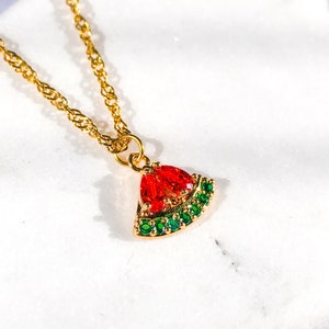 SUMMERTIME cute greek cubic zirconia watermelon pendant charm necklace summer 2mm gold stainless steel twist chain everyday jewelry women