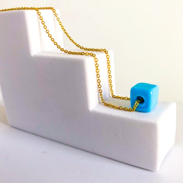 LIZ Lupus Jewelry Womens Gold Stainless Steel chain Greek handmade Ceramic 10mm Single Glass Bead Necklace Blue Cube ceramic square