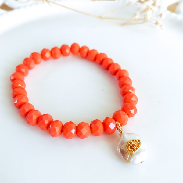 PUMPKINSPICE LupusJewelry Kürbis Orange Evil Eye Glas Kristall Stretch Armband 18cm Perle Charm CZ Zirkonia Herbst Herbst Geschenke Frauen