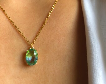 OMBRE LAKE LupusJewelryGR Blue Green oval crystal pendant Necklace 18k gold stainless steel 1.5mm chain Adjustable womens gifts