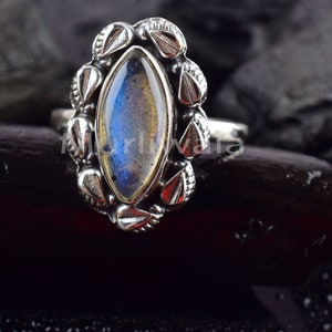 Labradorite Gemstone Ring -Marquise Cab Gemstone Ring- 925 Sterling Silver Ring -Bezel Set Labradorite Ring- Large Labradorite Gift Ring