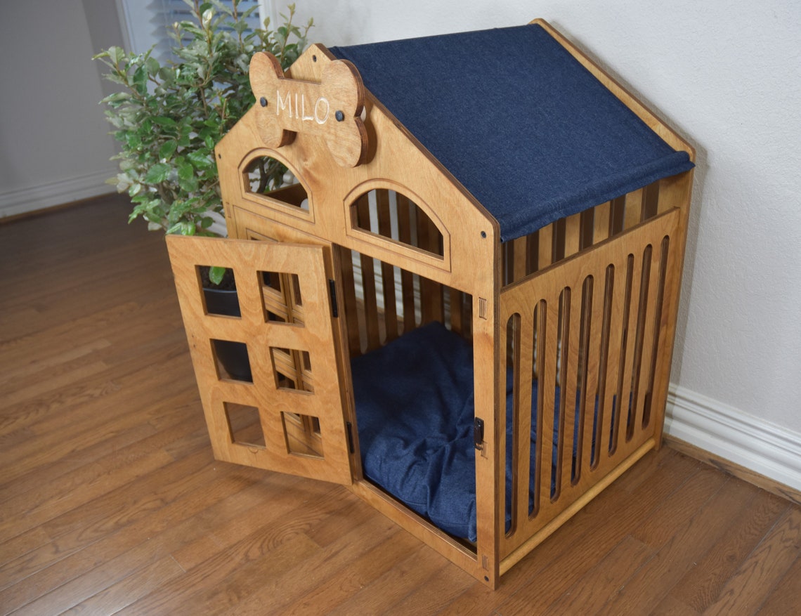 Wood Dog Crate Indoor Dog House Kit Blue Denim Canopy Etsy