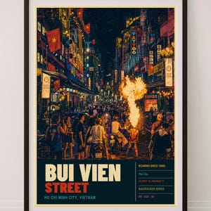Affiche de voyage de la rue Bui Vien à Hô Chi Minh-Ville, Vietnam, décoration rétro pour routards (impression)