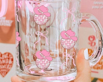 Disco Cowgirl Clear Coffee Mug: Pink Bow Coquette Decor