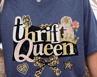 Thrift Queen Graphic Tee Shirt, Vintage Lover T-Shirt, Cute Leopard Bow, Cozy Casual Women’s Boutique Tee, Gift for Thrifting Lovers