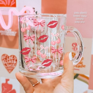 Pink Bows Cup | Coquette Girl Glass | Cute Bow Mug | Preppy Aesthetic | Girly Gift for Her| Cute Clear Glass Cup | Ribbon Cherry | Cute Gift