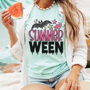 Summerween Shirt | Spooky Summer Halloween Tee | Cute Ghost Bat Watermelon Graphic T-Shirt | Retro Halloween in Summer Tee | Bella Canvas Mint