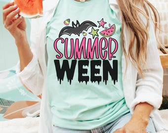 Summerween Shirt | Spooky Summer Halloween Tee | Cute Ghost Bat Watermelon Graphic T-Shirt | Retro Halloween in Summer Tee | Bella Canvas