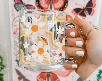 Daisy Glass Mug, Glass Coffee Cup, Clear Glass Coffee Mug, Aesthetic Glasses, Daisy Flower Glasses, Coffee Lover Gift, Gift for Best Friend