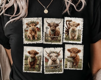 Highland Cowcore Cottage-Shirt | Vintage Bauernhof Tier Stempel Collage T-Shirt | Boho Land Grafik T-Shirt Geschenk