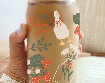 Goose Cottagecore Glass Can Cup 16oz | Beer Glass with Bamboo Lid & Straw | Cute Farm Goose Iced Coffee Cup Gift