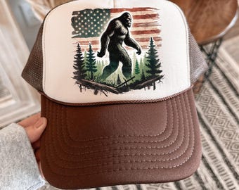 Bigfoot American Flag Trucker Hat Funny Sasquatch Summer Cap Patriotic Outdoor Snapback Mesh Hat Gift Multiple Colors