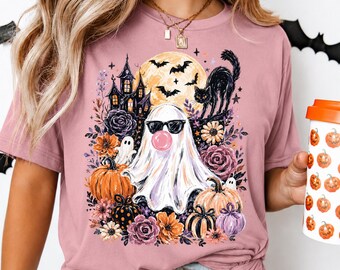 Cute Halloween Ghost Shirt, Spooky Season Tee, Floral Pumpkin Graphic, Haunted House Art, Vintage Fall Apparel, Coquette Goth