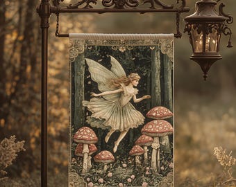 Cottagecore Fairy Garden Flag Mushroom Woodland Yard Decor Whimsical Fantasy Outdoor Banner, Enchanted Nature Gift for Cottage Garden Lovers