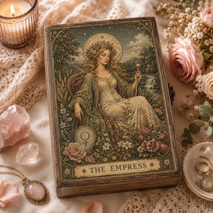 May include: A rectangular wooden box featuring a printed illustration of a woman with a floral crown, seated in a landscape with a shield bearing a Venus symbol. The text THE EMPRESS is printed in a decorative banner at the bottom of the box lid.