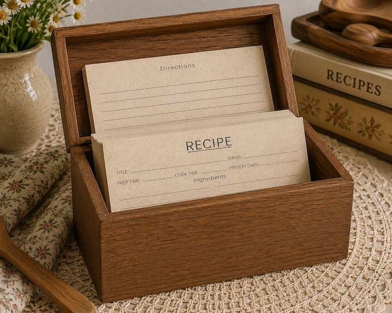 Puede incluir: Una caja de recetas rectangular de madera con tapa abatible, que contiene una pila de tarjetas de recetas de color tostado claro. Las tarjetas presentan texto impreso que incluye las palabras RECIPE, Directions, Title, Prep Time, Cook Time, Serves, Preheat Oven e Ingredients.