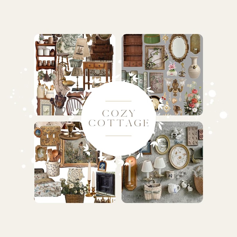 May include: A collage of cozy cottage decor items. The image features various home goods, including shelves, mirrors, lamps, and floral arrangements. The color palette is soft, with neutral tones and vintage-inspired elements. The text "COZY COTTAGE" is in the center.