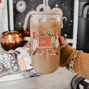 Horror Movie & Chill Iced Coffee Glass Spooky Cup Halloween Gifts for her Retro Halloween Tumbler Spooky Season Mug Horror Movie Coffee Cups