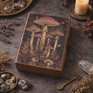 May include: Wooden box with a hinged lid, featuring a detailed illustration of red-capped mushrooms with white spots. The box has a natural wood finish and a metal clasp. The artwork includes butterflies and foliage, creating a whimsical, nature-inspired design.