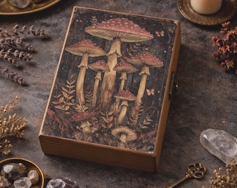 Mushroom Tarot Card Box Witchy Decor Wooden Container Handmade Keepsake Cottagecore Jewelry Holder