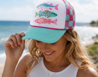 Colorful Fish Graphic Hat Womens Coastal Trucker Cap Beach Day Gift Lake Life Summer Aesthetic
