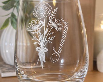 Personalized Stemless Wine Glass, Custom Name Engraved Floral Bouquet Tumbler, Bridesmaid Gift, Wedding Favor, Birthday Present
