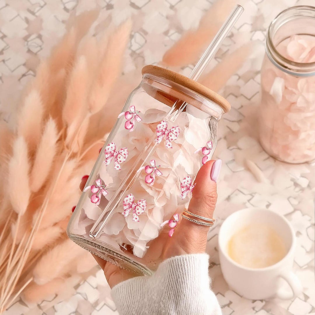 Cherry Bow Glass Tumbler: 16 Oz Iced Coffee Cup With Lid & Straw - Etsy