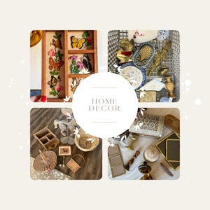 May include: A collage of home decor items. Includes a wooden display with butterfly embroidery, a basket filled with decorative plates and shells, a wooden organizer, and various small baskets and trays. The text "HOME DECOR" is in the center.