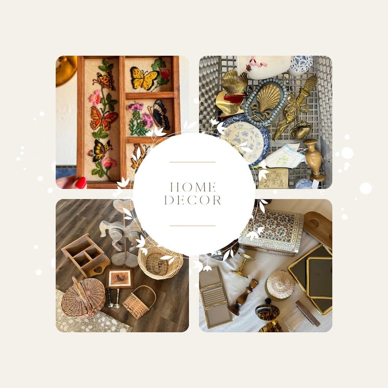 May include: A collage of home decor items. Includes a wooden display with butterfly embroidery, a basket filled with decorative plates and shells, a wooden organizer, and various small baskets and trays. The text "HOME DECOR" is in the center.