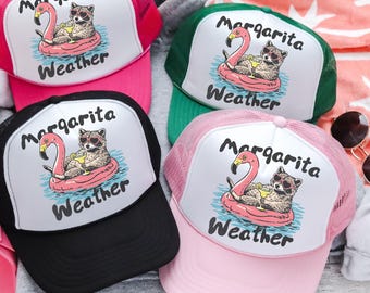 Funny Margarita Weather Trucker Hat Summer Beach Hat Poolside Vibes Cute Raccoon Flamingo Party Hat Vacation Gift