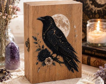 Celestial Raven Wooden Box, Crow Moon Keepsake Box, Crystal Storage, Tarot Card Holder, Witchy Home Decor, Gothic Gift