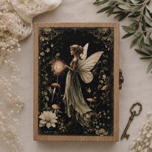 May include: A rectangular wooden box featuring a printed illustration of a fairy with wings holding a glowing orb in a dark forest setting with mushrooms and flowers. The box has a metal latch on the side and is accompanied by a small metal key.
