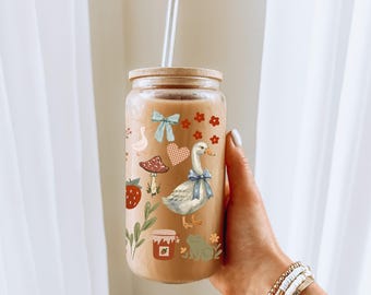 Cottagecore Goose Glass Tumbler 16oz | Whimsical Iced Coffee Cup with Bamboo Lid & Glass Straw | Cozy Aesthetic Drinkware