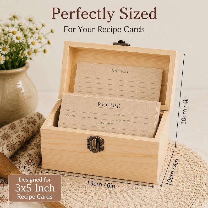 Puede incluir: Una caja de madera clara para recetas con un cierre de metal, que contiene dos tarjetas de recetas de color tostado. La caja mide 15 cm de ancho, 10 cm de alto y 10 cm de profundidad. El texto dice: Perfectly Sized For Your Recipe Cards y Designed for 3x5 Inch Recipe Cards.