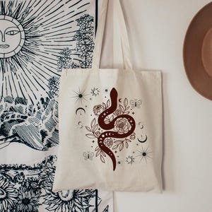 Floral Snake tote bag Celestial Moon gift bag Snakes Canvas Bag Astrology everyday tote bags Witchy gifts for her Astrological book totes