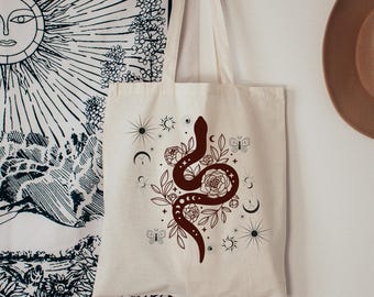 Bolso de mano con diseño de serpiente floral, bolso de regalo con diseño de luna celestial, bolso de lona con diseño de serpiente, bolsos de mano de astrología para uso diario, regalos de brujas para ella, bolsos de libros astrológicos.