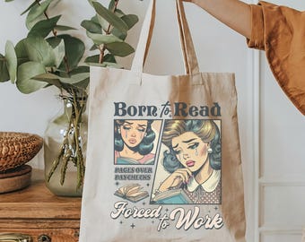Born to Read Forced to Work book tote bag Vintage Retro Housewives book carrying bag Bookish Era Booktok Merch Bookworm gifts SJM merch