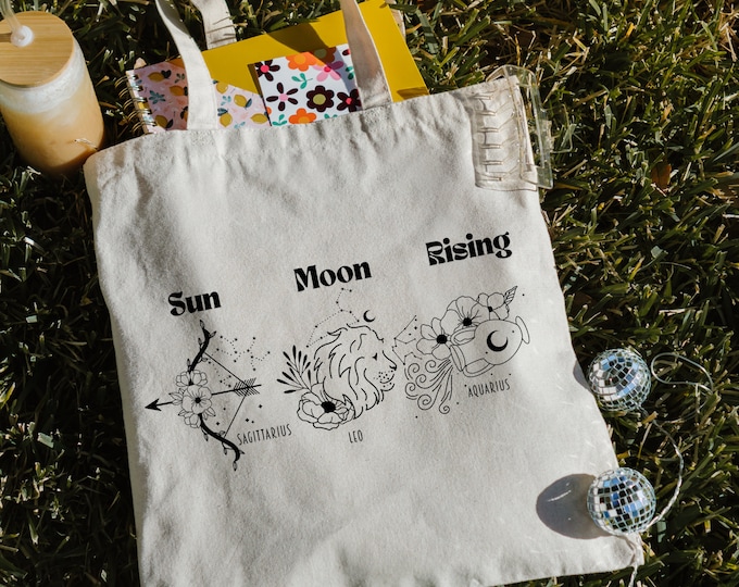 Customized Zodiac Sign Tote Bag Sun Moon Rising Sign Custom Astrology gift Birth chart Personalized Natal Chart Gift Bag for best friend