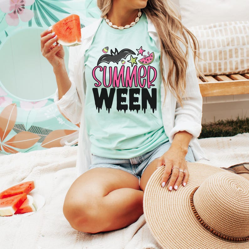 Summerween Shirt | Spooky Summer Halloween Tee | Cute Ghost Bat Watermelon Graphic T-Shirt | Retro Halloween in Summer Tee | Bella Canvas Mint