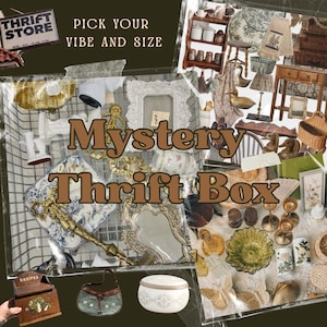 May include: A collage of vintage items, including a small wooden recipe box, a decorative mirror, and a small handbag. The text "Mystery Thrift Box" is prominently displayed, along with "Pick Your Vibe and Size."
