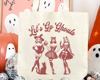 Lets go Ghouls Tote Bag Halloween Trick or Treating Candy Bag Vintage Halloween canvas Reuseable Bags Halloween Bachelorette party Gift Bag