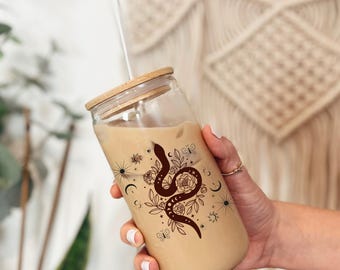 Snake Tumbler Celestial Moon Glass cup Floral 16oz tumblers with lid and straw Cottagecore decor 2025 year of the snake Mystical witchy cups