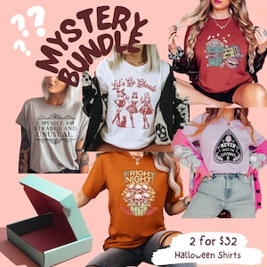 Pacchetto di magliette misteriose Maglietta grafica Maglietta di Halloween Maglietta horror e rilassante Set regalo per gli amanti dei film spaventosi Magliette autunnali Mystery Box Apparel