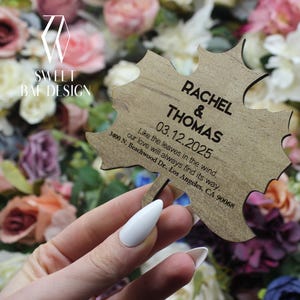 Faire-part de feuille en bois bohème, carte de mariage rustique, réservez la date en bois, faire-part de feuille de bois