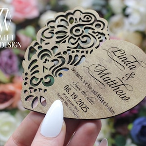 Boheme Holzblatt Einladung, Rustikale Hochzeitskarte, Holz Save the Date Einladung