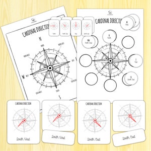 May include: A printable worksheet for learning about cardinal directions. The worksheet features a compass rose with the four cardinal directions: North, South, East, and West. The worksheet also includes a compass rose with the four intermediate directions: Northeast, Northwest, Southeast, and Southwest. The worksheet is designed to help children learn about the cardinal directions and how to use a compass.