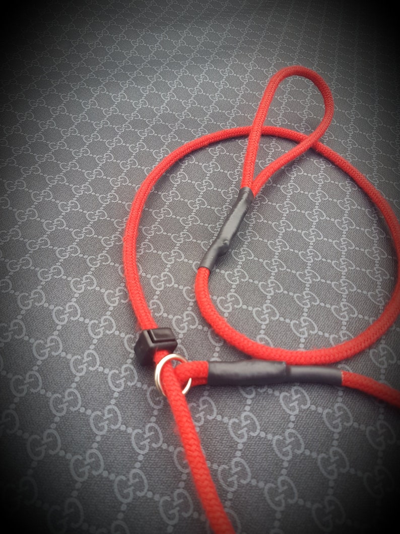 May include: A red rope dog leash with a black and silver clasp. The leash is on a black and white patterned surface.