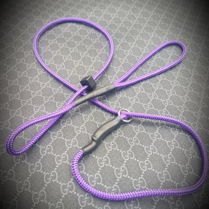 May include: Purple rope dog leash with a black handle and a metal ring.
